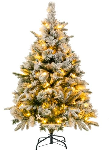 GYMAX 135 cm Albero di Natale Innevato, con 150 Luci, 384 Rami in PVC e PE, Folto e Realistico, Base Pieghevole in Metallo, Montaggio Facile