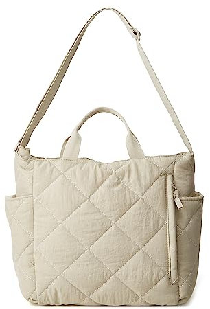 Puffer-Tragetasche für Damen, gesteppt, Crossbody-Tasche, Gittermuster, gepolstert, Puffy Geldbörse, lässige Umhängetasche, Beige, Medium, Casual
