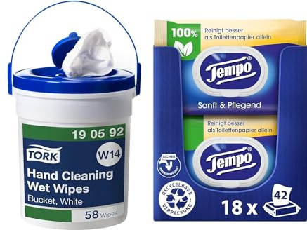 Tork Feuchte Handreinigungstücher, W14 (1 × 58 Tücher) + Tempo Toilettenpapier feucht Tempo Sanft Pflegend Trio-Pack (18 (6 x 3) Packungen x je 42 Blatt)