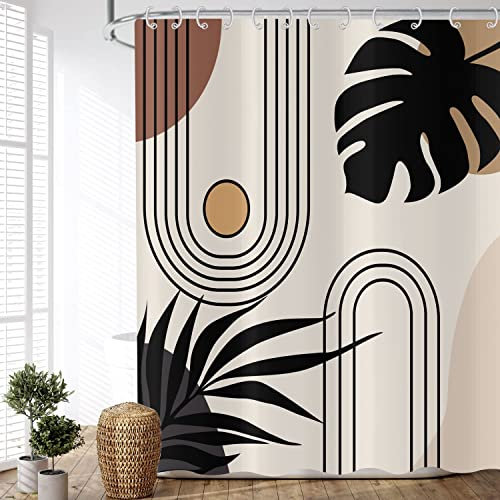 ASDCXZ Tenda da doccia boho 240 x 180 cm (larghezza x lunghezza), moderna, astratta, arte boho, nero, foglie, linea sole, beige, marrone, lavabile, tenda da doccia in tessuto, impermeabile, per vasca