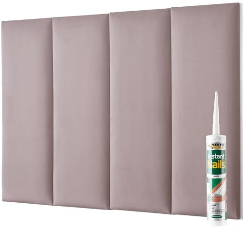 NOVECRAFTO Velvet Padded Wall Panels Set of 4 With Adhesive - H31.5 x W11.8 (80x30cm) Wall Mounted Headboards - Anti Collision 3D Pink Upholstered Headboards for Beds, Cladding Panels for Kids Room