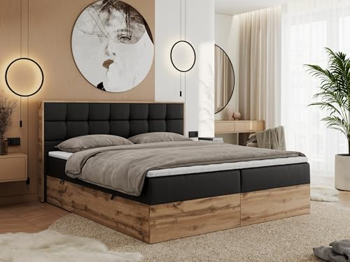 MKS MEBLE Boxspringbett Albero 1-180x200 cm mit Bettkasten, Kontinentalbett/Doppelbett, 2X 7-Zonen Taschenfederkern-Matratze H3, Topper T25, Kopfteil, Schwarz Kunstleder Holzoptik Wotan Eiche