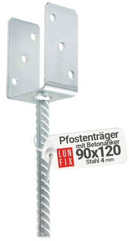 LUN FIX Pfostenträger 90 mm U-Form mit Betonanker 4 mm 195 mm 120 mm Stahl | feuerverzinkt, Pfostenanker zum einbetonieren, Bodenanker, Ankerhöhe, U-Seitenhöhe für Holzpfosten, Zaun, Carport