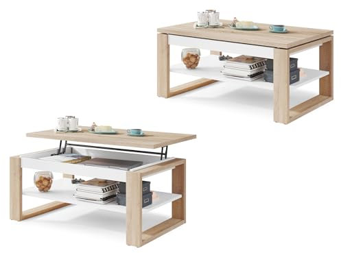 All4All Couchtisch Nico - Kaffeetisch - Wohnzimmertisch - Laptoptisch - Sofatisch - ausziehbar - ausklappbar - 100x60cm - 05 - Sonoma Eiche + Weiß
