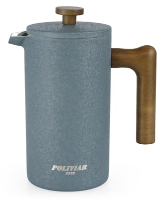 POLIVIAR Cafetiere - Cafetera de prensa francesa con mango de madera, cafetera aislada de doble pared y 1 filtro adicional, prensa de café de acero inoxidable para café y té, 1 litro