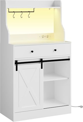 Armario de Cocina, Armario Buffet con LED, Aparador Cocina con Cajón Grande, Estantes Ajustables, 3 Ganchos, Gran Espacio de Almacenamiento, para Cocina, Salón, Comedor, 70 x 40 x 135 cm, Blanco