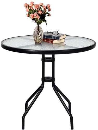 GOPLUS Beistelltisch rund, Ø70cm Gartentisch Metall mit Glasplatt & 43mm Schirmloch, Balkontisch klein wetterfest, Bistrotisch Kaffeetisch Terrassentisch, Esstisch Outdoor für Garten Terrasse Balkon