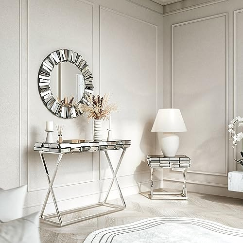 FABS Knightsbridge Collection – Miroir mural – Table console en miroir – Table d'appoint en miroir avec tiroirs combinés en verre (ensemble de 3 miroirs ronds + console et table d'appoint gris