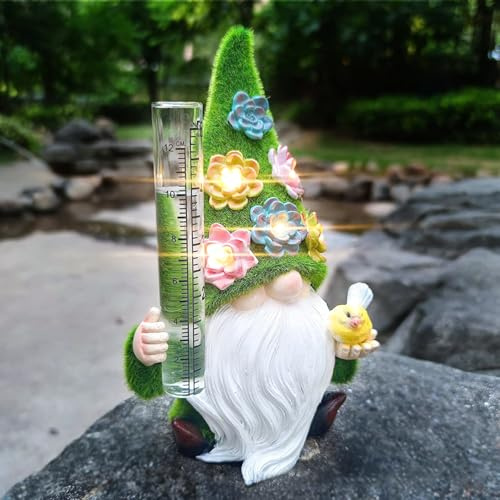 Syfunlv Regenmesser Zwerg,Zwerg Regenmesser Statue Outdoor, Resin GNOME Rain Gauges,8.7 * 5 * 4cm,Solar LED Außenleuchte, with a Plastic Rain Gauge,Gartendeko, bunt