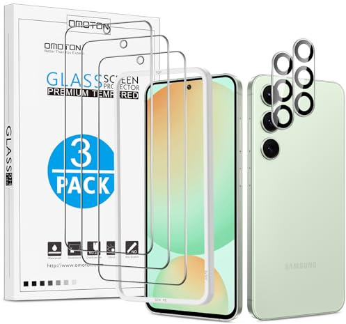 OMOTON 3 Stück Schutzfolie für Samsung Galaxy S24 FE Panzer Schutz Glas und 2 Stück Samsung S24 FE Kameraschutz, mit Positionierhilfe, Fingerabdruck-ID Unterstützen, 9H Härte Displayschutz