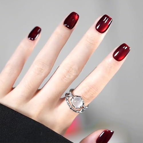 24pcs Rote Cat Eye Falsche Nägel Kurz, Französisch Künstliche Nägel Zum Aufkleben Reine Farbe Vollabdeckung FalscheNägel, Kunstnägel Natürliche für Frauen Maniküre Nail Art (Rot Quadrat, 24x)
