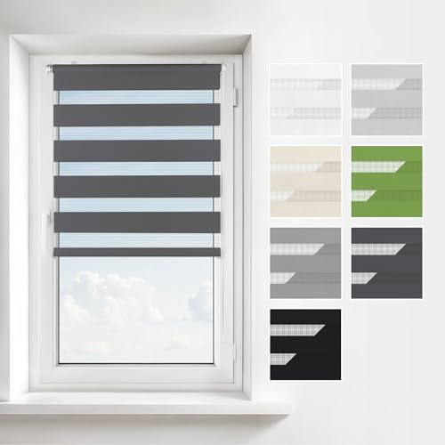 Estika Doppelrollo Klemmfix ohne Bohren – Breite: 110 cm – Höhe: 150 cm – Farbe: Anthrazit – Jalousie für Innenfenster, Duo-Rollo, Fensterrollo innen