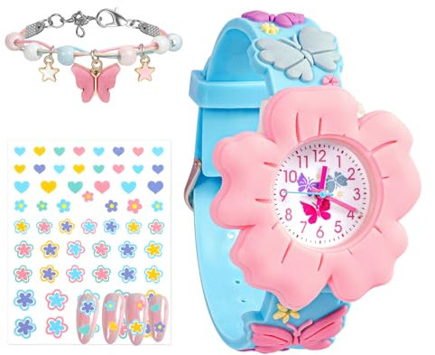 Montre Enfant Numérique Bleu Rose Fleurs Dessin Mouvement à Quartz Adorable Montre pour Enfants Cadeau pour Filles de 3 Ans à 10 Ans Fête des Enfant Pâques Noël Avec Autocollants pour ongles,Bracelet