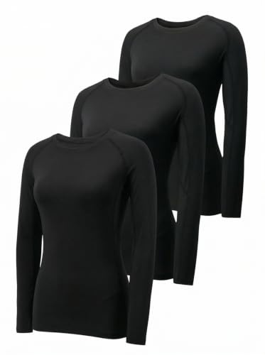YUSHOW Kompressionsshirt Damen Langarm Atmungsaktiv Sportoberteil für Laufen & Gym Schnelltrocknend Funktionsshirt Frauen 3er Pack-Enganliegend & Bequem Hautfreundliches Baselayer für Sport & Alltag