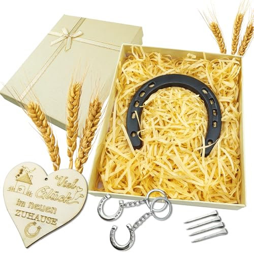 KAOTPO Hufeisen Deko-Geschenk Set, Einweihungsgeschenk Wohnung (mit Hufeisen, 4 Nägel, Herzschild „Viel Glück“), Einweihungsgeschenk Haus (mit Hufeisen-Schlüsselanhänger), Geschenkbox. (Schwarz)