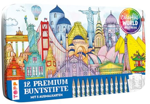 TOPP Colorful World Weltreise Designdose mit 12 Buntstiften: 12 Premium Buntstifte mit weichen Minen und 5 Ausmalkarten in Designdose, White