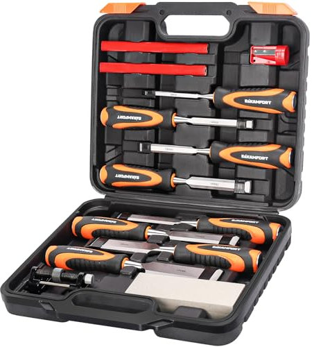 Ezkamfort Chisel Set-13Pcs Woodworking Tools Set-Wood Carving Tools,Wood Chisel Sets with Sharpening Stone,Honing Guide and Storage Case