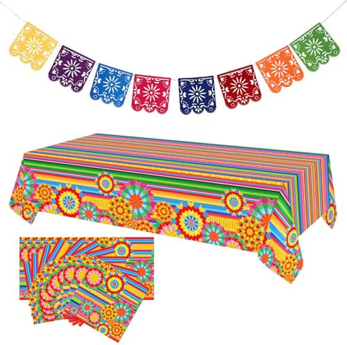 Mexican Fiesta Party Table Set, Vibrant Mexican Tablecloth, 20PCS Disposable Mexican Napkins, Festive Colorful Mexican Flag Banner, Ideal for Mexican Party Table Decorations Taco-Themed Events