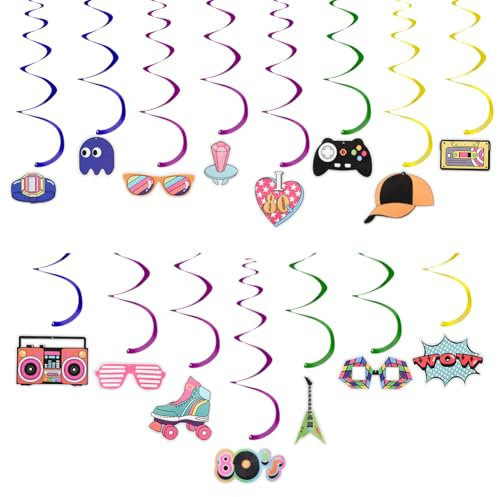 OFFCUP 42 Stück 80er Wirbel Deko Spiralen Girlande 90er Spiralen Rollschuh Radio Luftschlangen Geburtstagsparty Dekorationen 80er 90er Jahre Retro Party Deko(80er deko)