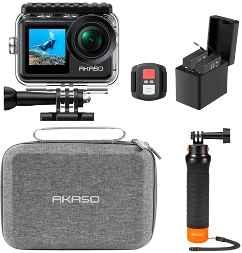 AKASO Brave 7 LE Action Camera Floating Hand Grip Bundle - Includes Brave 7 LE Waterproof Camera, Native 4K EIS 2.0 Dual Screen, Floating Hand Grip, 2 Batteries, Carrying Case, and Accessory Kits