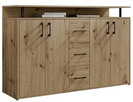 möbelando Anrichte >Drift< Highboard, Artisan Eiche Dekor, 4 Drehtüren, 3 Schubladen mit Kugelauszug, 2 Einlegeböden, 1 offenes Fach, Melaminbeschichtung, zerlegt,139x90x34cm (BxHxT).