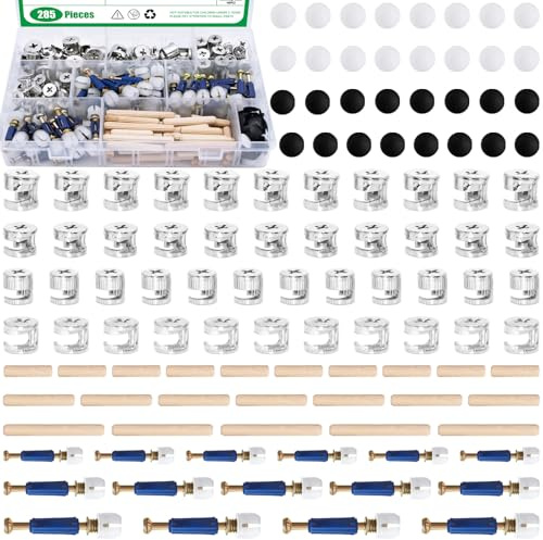 Yauhar 285Pcs 3 in 1 Furniture Connecting Hardware Connectors Kit for Cabinet Closet Drawer Wardrobe, Cam Lock Fittings with Dowel, Pre-Inserted Nut, Wood Dowel Pins and Locknut Caps