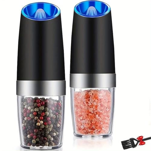 Gravity Electric Salt and Pepper Grinder Set - 2 Pack Automatic Mills with Adjustable Coarseness, LED Light, Battery Powered, One-Handed Use (Black) (Black+Black (Includes Cleaning Brush))