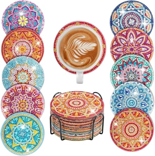10 Stück Diamond Painting Untersetzer mit Halter - DIY Diamant Painting Set für Erwachsene & Kinder - Rund Mandala & Hund Motive Tassenuntersetzer