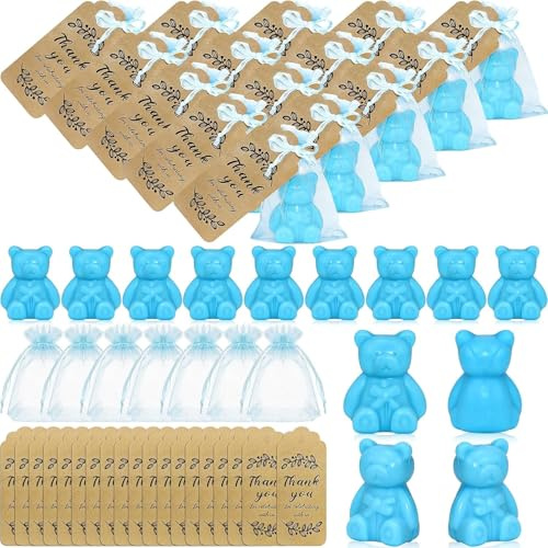 48 Stück kleine Bären-Seifen Babyparty-Geschenke mit 48 Organza-Beuteln & 48 Dankeskarten – Handgemachte Mini-Bärenseifen für Babyparty, Hochzeit & Gender-Reveal und Gästegeschenke