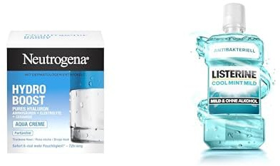 LISTERINE Cool Mint Mild Mundspülung & Neutrogena Hydro Boost Aqua Creme Bundle – Frische Mundhygiene und intensive Feuchtigkeitspflege für Haut und Zähne, alkoholfrei, mit Hyaluronsäure