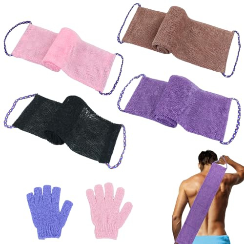 Lot de 4 éponges africaines en maille filet - En nylon - Avec 2 gants de bain - Pour la douche - Exfoliant pour le corps - Avec cordon de suspension - Longue éponge pour le dos - 60 cm