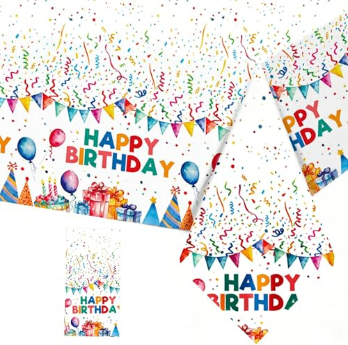 Ovanda Tischdecke Geburtstag, Tischdecke Kindergeburtstag Bunt, 130x220cm Plastik Party Happy Birthday Tischdecke, Mit farbenfrohem Ballonmuster, Jungen Mädchen Kind Geburtstagsparty Deko