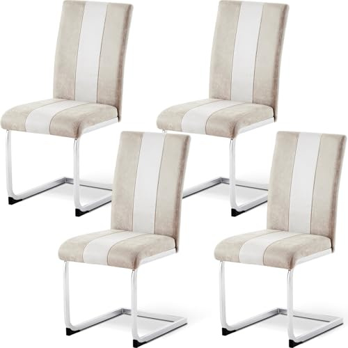 JaHECOME Freischwinger Schwingstühle 4er Set mit Wildlederimitat und hoher Rückenlehne, Esszimmerstühle mit verchromtem Metallgestell für Wohnzimmer Esszimmer Büro (4, beige)