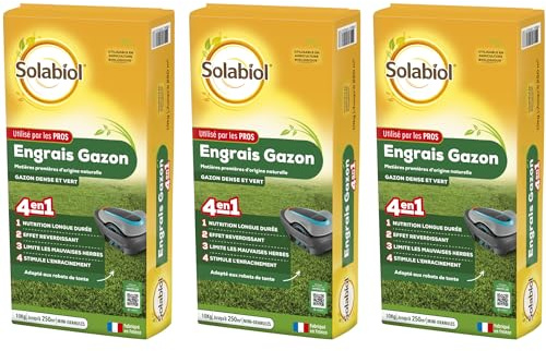 SOLABIOL Engrais Gazon 4 en 1 - Jusqu'à 750m² - 30Kg | Nutrition Longue Durée - Effet Reverdissant - Limite les Mauvaises Herbes - Stimule l'Enracinement - SOGAZYPRO10X3