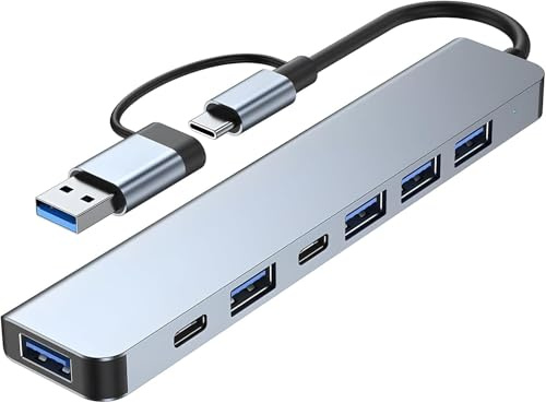 USB C Hub, 7 in 1 USB Splitter Multiport Adapter with USB 3.0/2.0, USB C Data Ports and Charging Support, Aluminium USB Hub for Laptop, PC and Tablet