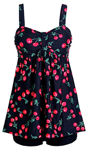 Laorchid Maillot de bain deux pièces pour femme - Tankini - Contrôle du ventre - Grande taille, Noir avec cerise, 42
