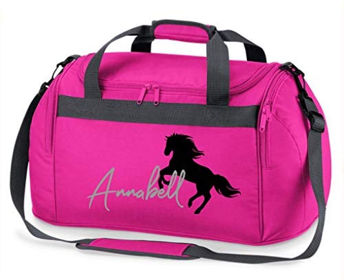 Reittasche mit Namensdruck personalisiert | Motiv aufsteigendes Pferd mit Name | Trage- und Sporttasche für Mädchen zum Reiten in vielen Farben verfügbar (pink) 54 x 28 x 25 cm