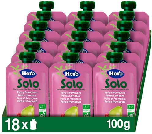 Hero Solo - Gourde de Fruits Bio avec Framboise Poire et Jus de Citron - Sans Conservateurs, Colorants, Huile de Palme, Gluten ni Sucres Ajoutés Dès 4 Mois 100gx18 unités