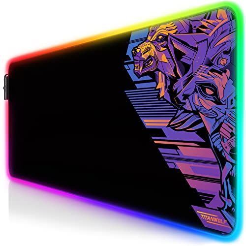 Titanwolf - RGB Gaming Mauspad - LED Schreibtischunterlage - 800x300 mm - XXL Mousepad - LED Multi Color - 11 Beleuchtungs-Modi - 7 LED Farben Plus 4 Effektmodi - abwaschbar - Wolfshead