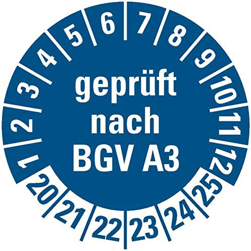 100 Stück - Prüfplakette Mehrjahresprüfplakette geprüft nach BGV A3 | 20-25 Elektro Prüfung Etikett Folie Aufkleber, blau | Ø 40mm Made in Germany