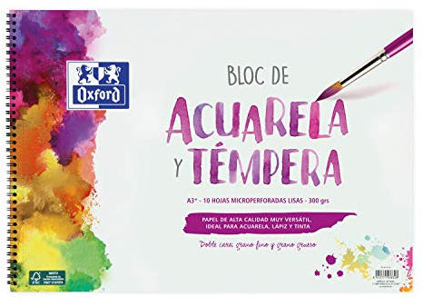 OXFORD Aquarellblock und Tempera, A3 + weicher Deckel, fester Einband, 10 Blatt, 300 g, glatt, spiralförmiger Block