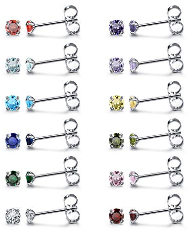 AllerPierce 12 Paare Edelstahl CZ Ohrstecker Set Damen Bunt Ohrringe Stecker 3mm-8mm Geburtsstein Ohrpiercing Elegant Zirkonia Schmuck 20G für Damen Frauen Mädchen (3mm)