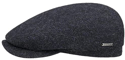 Stetson Belfast Flatcap - Schiebermütze Herren - Schirmmütze mit Wolle - Herrenkappe Herringbone mit Innenfutter (Baumwolle) - Wollcap Herbst/Winter - Flat Cap schwarz-blau 58 cm