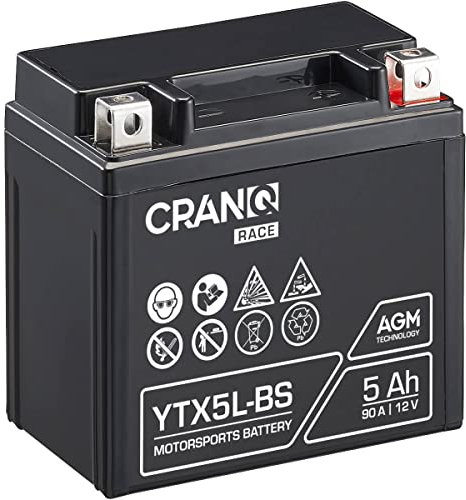 CranQ Motorradbatterie YTX5L-BS - 12V, 5Ah, 90A, rüttelfest, wartungsfrei - Starterbatterie, AGM Batterie in Erstausrüsterqualität für Rasentraktor, Roller, Motorrad, Quad