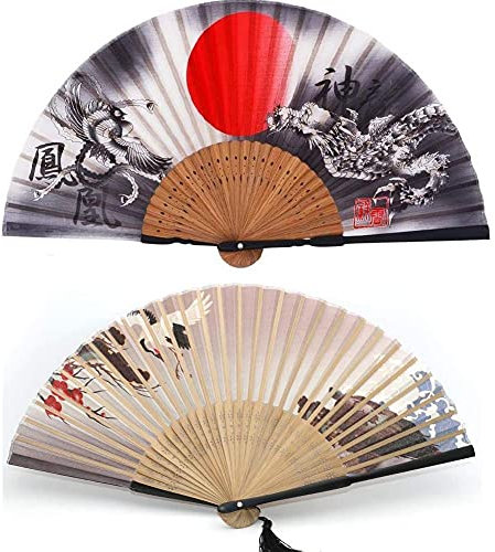 1SourceTek 2Pcs Silk Hand Held Fan 8.27 inches (21cm) Hand Fans for Women Folding - Japanese Vintage Retro Style (Tortoise and Crane + Dragon and Phoenix)