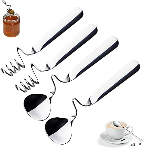 Edelstahl-Kaffeelöffel, Marmelade-Honig-Spirallöffel-Set, 2 Sets exquisiter Edelstahllöffel, Dessertlöffel, Kaffeelöffel mit gebogenem Griff, Honiglöffel, Teelöffel Haushaltsgeschirr (silber)
