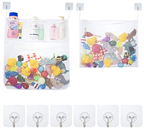 Yorgewd 2 Stück Bad Spielzeug Organizer, Badewannen Spielzeugnetz Badewannenspielzeug Aufbewahrung mit 6 Selbstklebenden Haken für Kinder & Babys (Weiß)