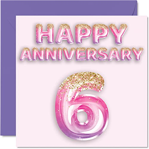 Pretty Iron Anniversary Card for Wife Girlfriend Husband Boyfriend - Pink Purple Glitter Balloons - Happy 6th Anniversary Cards from Family, 145mm Greeting Cards for Anniversaries