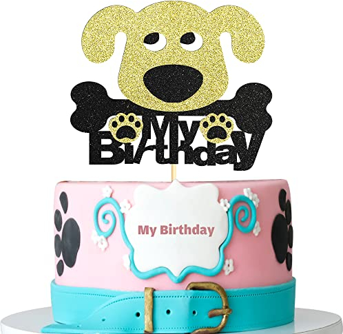 Sumerk Black & Gold Glitter Dog Birthday Cake Toppers Puppy Dog Theme Happy Birthday Cake Decorations Supplies - Pack of 1
