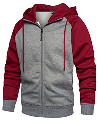 Wirltte Mens Hoodies Zip Up Hoodie Patchwork Fleece Jacket Winter Warm Hooded Red M